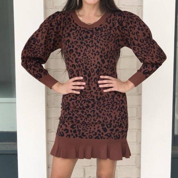525 America Women's Leopard Cheetah Long Puff Sleeve Sweater Dress Sz S‎ - Picture 1 of 7